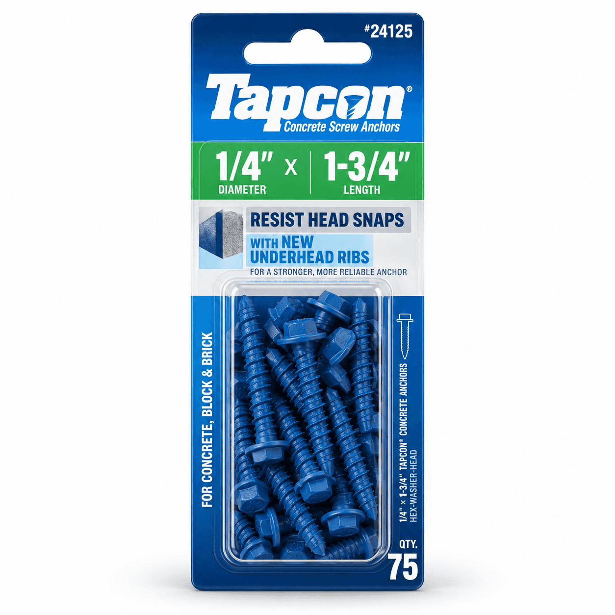 Product photo of Tapcon 1/4 in. × 1-3/4 in. Hex-Washer-Head Concrete Anchors — 75 Pack