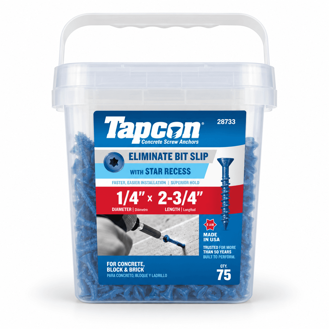 Product photo of Tapcon 1/4 in. × 2-3/4 in. Star Flat-Head Concrete Anchors — 75 Pack