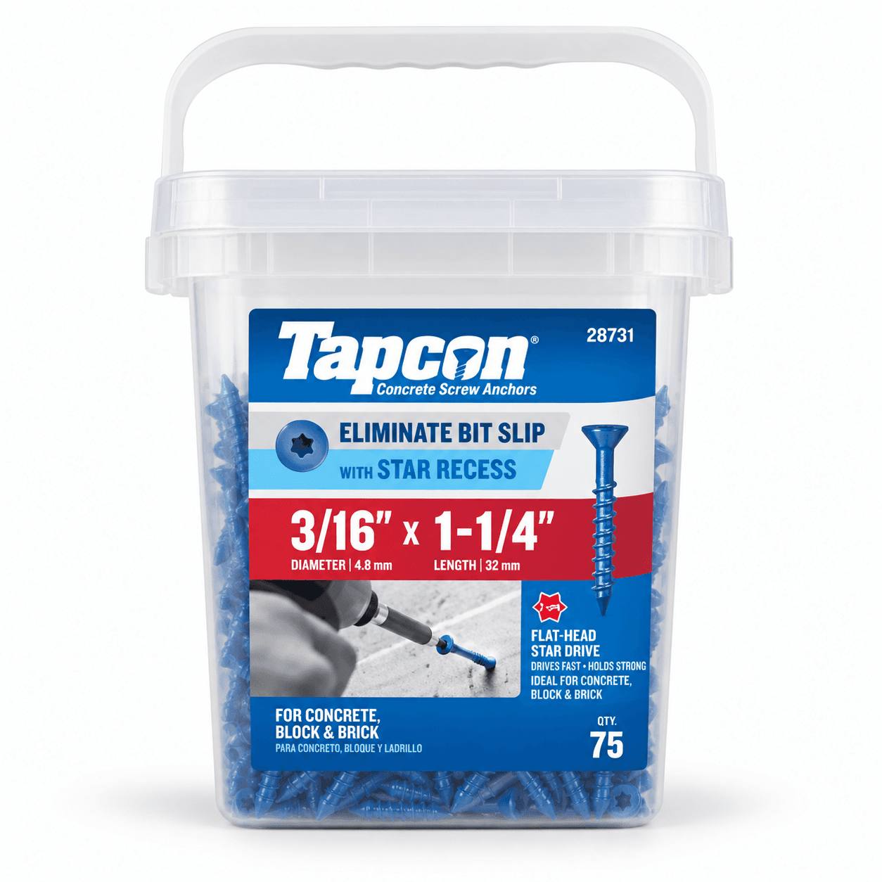 Product photo of Tapcon 3/16 in. × 1-1/4 in. Star Flat-Head Concrete Anchors — 75 Pack