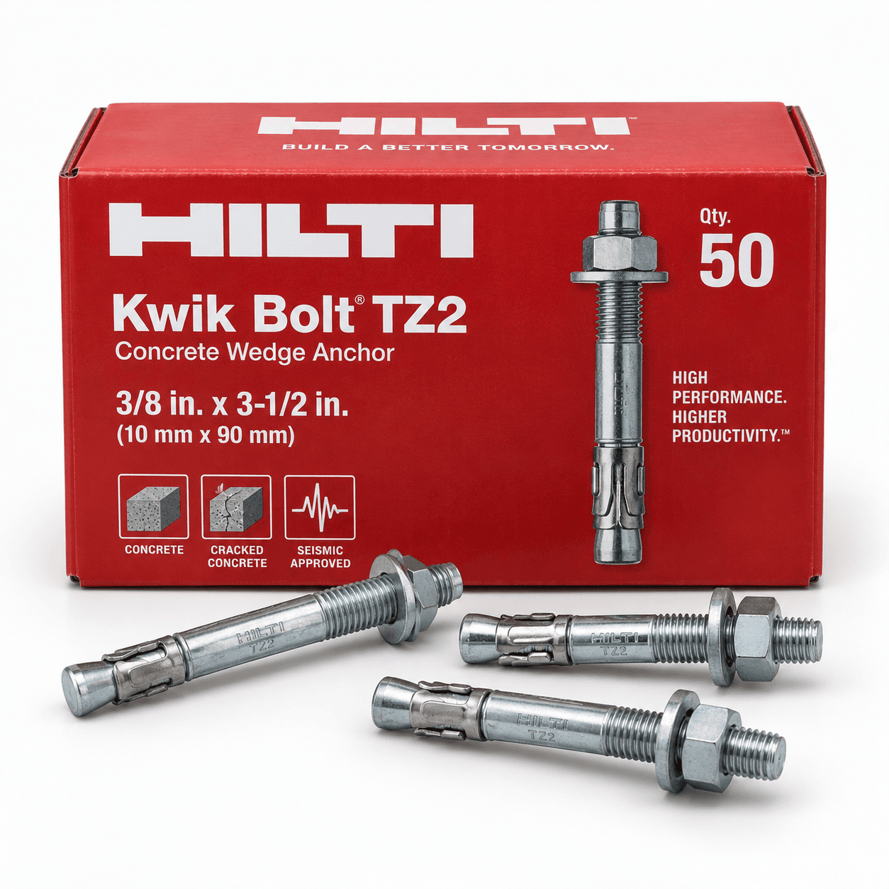 Product photo of Hilti 3/8 in. × 3-1/2 in. Kwik Bolt TZ2 Concrete Wedge Anchors — 50 Pack