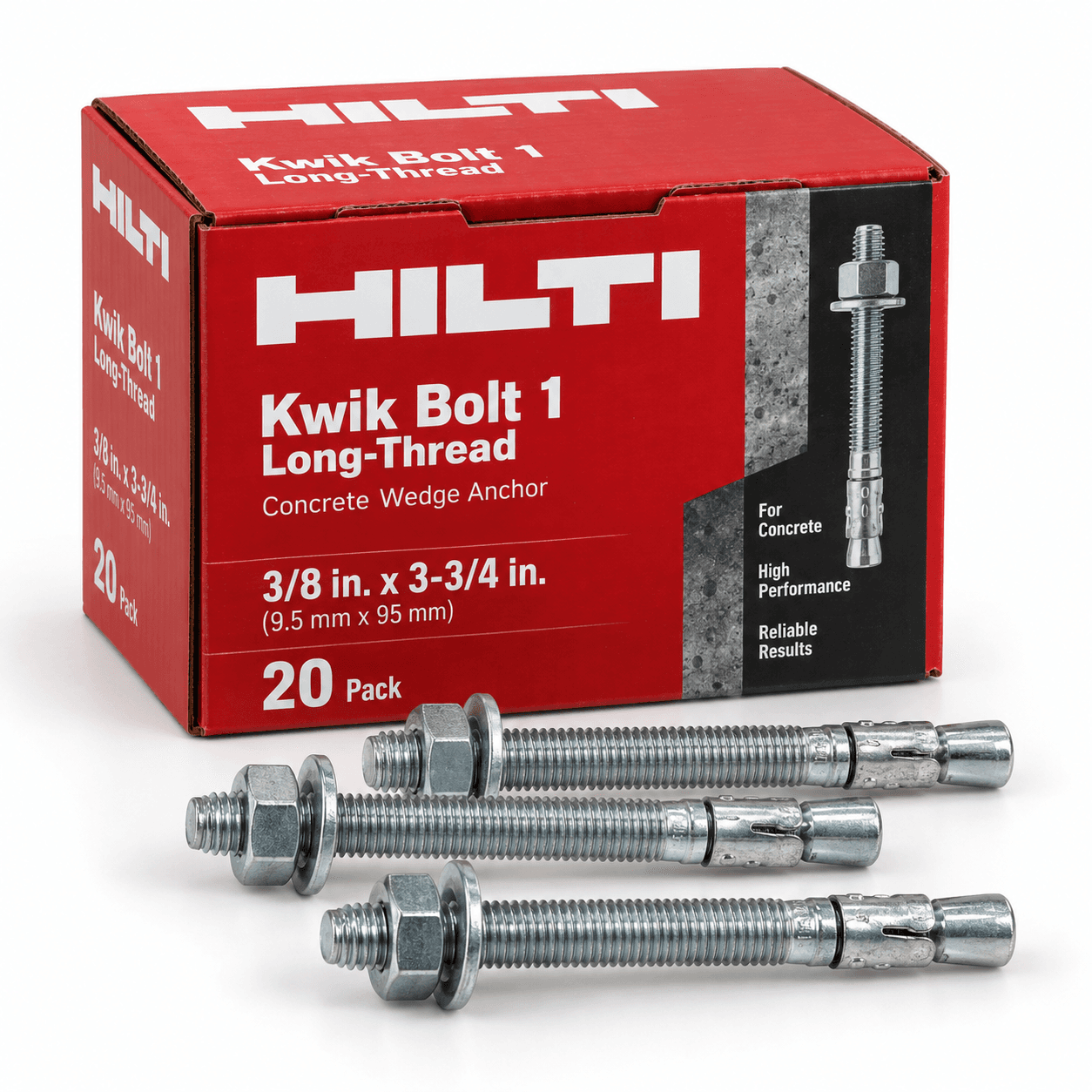 Product photo of Hilti 3/8 in. × 3-3/4 in. Kwik Bolt 1 Long-Thread Concrete Wedge Anchors — 20 Pack